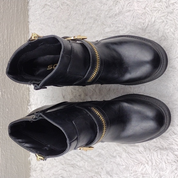 Soda Black Faux Leather Dual Zip Buckle   Round Toe Stacked Heel Moto Ankle Boot - Picture 3 of 16